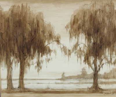 Lot 1280 - William Fielding, contemporary, pencil, ink and sepia wash - Plantation, South Carolina, signed and dated '65,inscribed verso, 21cm x 25.5cm, in glazed gilt frame