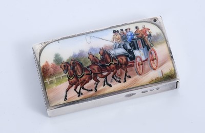 Lot 435 - Fine Victorian silver and enamel vesta case with finely painted polychrome enamel scene depicting a horse-drawn carriage, by Sampson & Mordan, London 1894. Approximately 57mm x 31mm x 10mm.