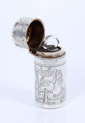 Lot 436 - Victorian silver scent bottle with engraved decoration in the style of Kate Greenaway depicting two young girls sitting on a fence with trees and house beyond. By Sampson Mordan, London 1881. Appro...