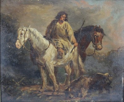 Lot 1296 - Attributed to Edwin Henry Landseer (1802-1873) oil on panel - a ghillie on a grey pony leading another, his dog nearby, initialled, 26cm x 31cm, in original gilt frame