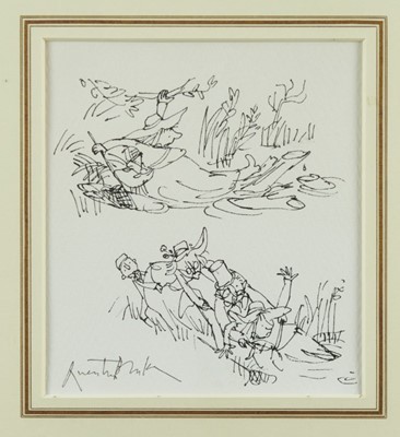 Lot 1075 - *Quentin Blake (b.1932) pen and ink illustration - 'Perilous Waters', a preliminary drawing for John Yeoman, nature notes, our village, London: Walker Books, 1988, 18cm x 16cm, in glazed gilt frame...