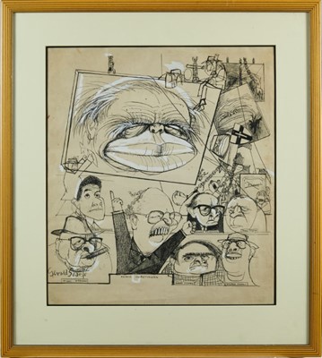 Lot 1077 - *Gerald Scarf (b.1936) pen, ink and watercolour - Caricature Studies, signed, 54cm x 48cm, in glazed frame  
Provenance: Chris Beetles Ltd., London. Bonhams 14th October 2003