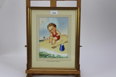 Lot 1079 - *Donald McGill (1875-1962) watercolour illustration - 'We're leaving here tomorrow', signed, 23cm x 17cm, in glazed frame