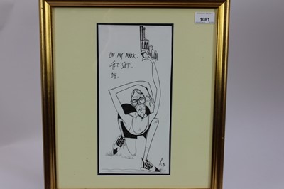 Lot 1081 - William Rushton (1937-1996) pen and ink illustration - John Major, 'On My Mark. Get Set. Oh.', initialled and dated '92, 30cm x 14cm, in glazed gilt frame 
Provenance: The Political Cartoon Gallery