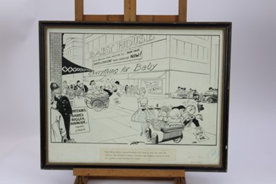 Lot 107 - Joseph Lee (1901-1974) pen and ink cartoon - "...Britain's bigger, bouncier and brawnier babies...", signed, titled, 36cm x 46cm, in glazed frame