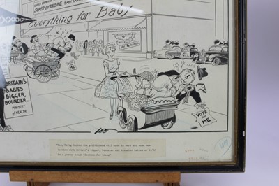 Lot 107 - Joseph Lee (1901-1974) pen and ink cartoon - "...Britain's bigger, bouncier and brawnier babies...", signed, titled, 36cm x 46cm, in glazed frame