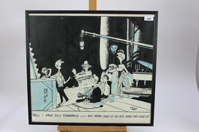 Lot 109 - Jak, Raymond Allen Jackson (1927-1997) pen, ink and wash cartoon - "Well I know Billy personally - but what sort of an act does this Clore do", signed and titled, 48cm x 53cm, in glazed frame