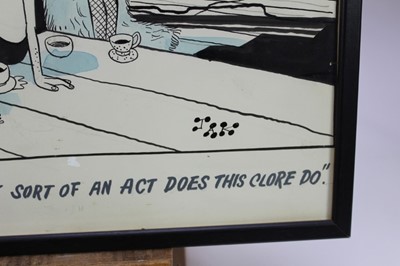 Lot 109 - Jak, Raymond Allen Jackson (1927-1997) pen, ink and wash cartoon - "Well I know Billy personally - but what sort of an act does this Clore do", signed and titled, 48cm x 53cm, in glazed frame