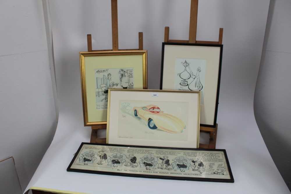 Lot 1087 - Sidney Strube (1891-1956) pen, ink and crayon cartoon - "But the maximum prices for sugar remain unaltered", signed and inscribed, together with a Roy Ullyett (1914-2001) football cartoon and tow o...