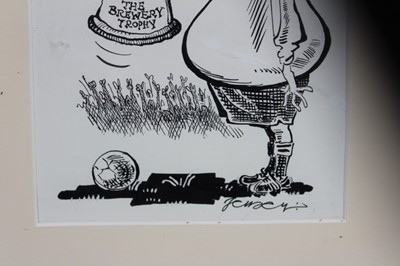 Lot 1087 - Sidney Strube (1891-1956) pen, ink and crayon cartoon - "But the maximum prices for sugar remain unaltered", signed and inscribed, together with a Roy Ullyett (1914-2001) football cartoon and tow o...