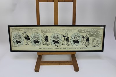 Lot 1087 - Sidney Strube (1891-1956) pen, ink and crayon cartoon - "But the maximum prices for sugar remain unaltered", signed and inscribed, together with a Roy Ullyett (1914-2001) football cartoon and tow o...