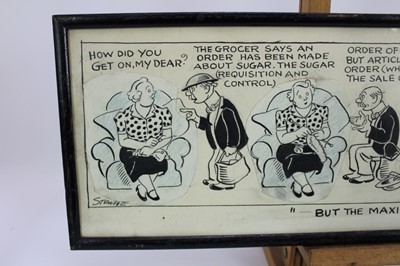 Lot 1087 - Sidney Strube (1891-1956) pen, ink and crayon cartoon - "But the maximum prices for sugar remain unaltered", signed and inscribed, together with a Roy Ullyett (1914-2001) football cartoon and tow o...