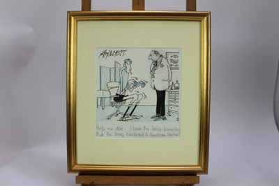 Lot 1087 - Sidney Strube (1891-1956) pen, ink and crayon cartoon - "But the maximum prices for sugar remain unaltered", signed and inscribed, together with a Roy Ullyett (1914-2001) football cartoon and tow o...