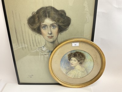 Lot 74 - The Hon. Fenella Bowes-Lyon (nee Fenella Hepburn-Stuart-Forbes-Trefusis) Edwardian watercolour portrait of Fenella signed H.D.Stock 1909 in glazed circular frame 35 cm diameter, and another crayo...
