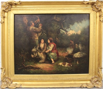 Lot 1131 - Manner of George Morland (1762-1804), 19th century oil on canvas - travellers among woodland, 68cm x 85cm, in good gilt frame