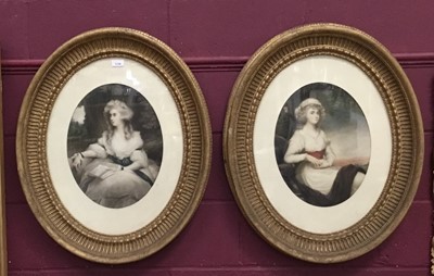 Lot 1130 - Pair of early 19th century mezzotints depicting classical ladies, in good oval gilt frames, 76cm x 62cm overall