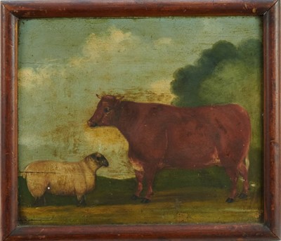 Lot 1153 - John Robert Hobart (1788-1863) oil on panel - Heifer and Sheep, signed, inscribed and dated 1853, 26cm x 31cm, framed