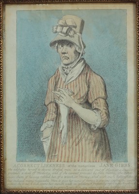 Lot 1088 - English School, late 18th / early 19th century, hand coloured etching - 'A correct likeness of the notorious Jane Gibbs, published Forres, 27 x 18cm, in glazed frame