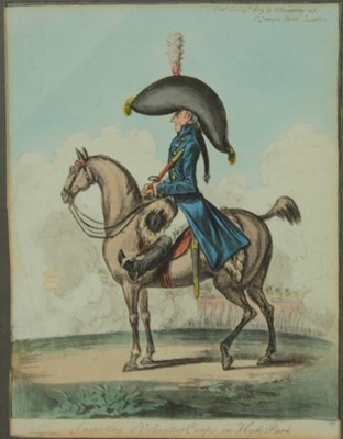 Lot 1090 - James Gillray (1756-1815) hand coloured etching and aquatint, inspecting a volunteer Corps in Hyde Park, published by H Humphrey 1803, 23 x 19cm, gla...