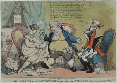 Lot 1092 - Thomas Rowlandson (1756-1827) hand coloured etching, Dissolution of Partnership of the industrious Mrs Clarke, 23 x 31cm glazed frame