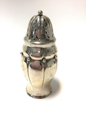 Lot 415 - 20th Century Danish silver sugar caster of baluster form with overall planished decoration applied beaded band, domed pierced cover with bayonet fitting, assay marks for Copenhagen, maker Christian...