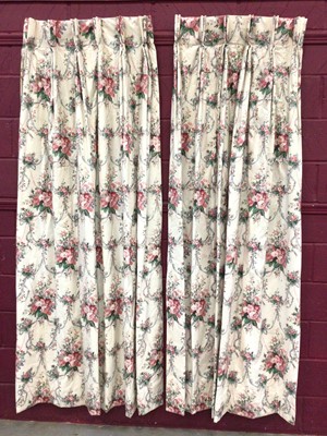 Lot 1507 - Two pairs pink floral chintz glazed cotton curtains and two other matching curtains