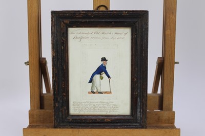 Lot 1095 - Unusual Regency watercolour satirical portrait - The Celebrated Old Match Man of Brighton, Drawn from Life 1828, on embossed paper with poetic verse, in glazed frame, 23 x 18cm