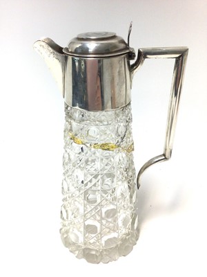 Lot 418 - Edwardian silver mounted cut glass claret jug of tapered form, hobnail cut glass body with star cut base, silver mount with hinged cover engraved '12th December P 1878 - 1903' (London 1901), maker...