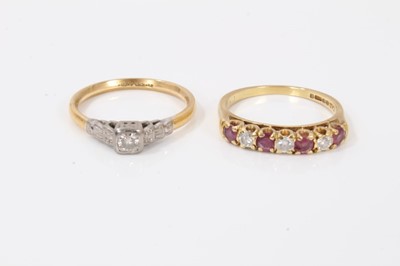 Lot 142 - 18ct gold diamond single stone ring in platinum setting and 18ct gold ruby and diamond seven stone ring
