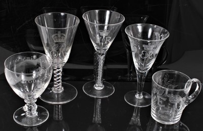 Lot 286 - Five 1953 Coronation glasses, all with etched inscriptions and decoration, one with a mercury twist stem and another with a colour twist stem