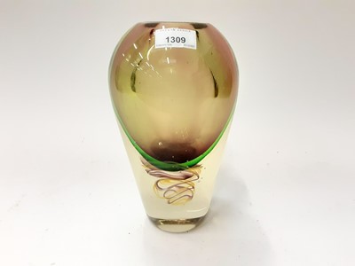 Lot 1309 - Stylish Murano style amber and green art glass vase, with purple and yellow swirls