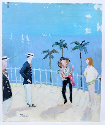 Lot 972 - *John Hanbury Pawle (1915-2010) oil on board- Couples on Mediterranean balcony