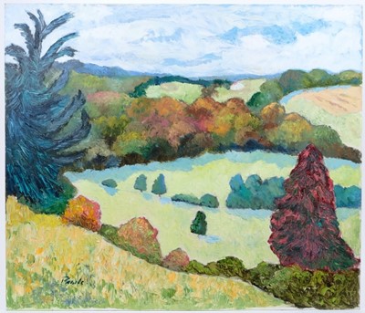 Lot 216 - *John Hanbury Pawle (1915-2010) oil on board- Valley of the Ash