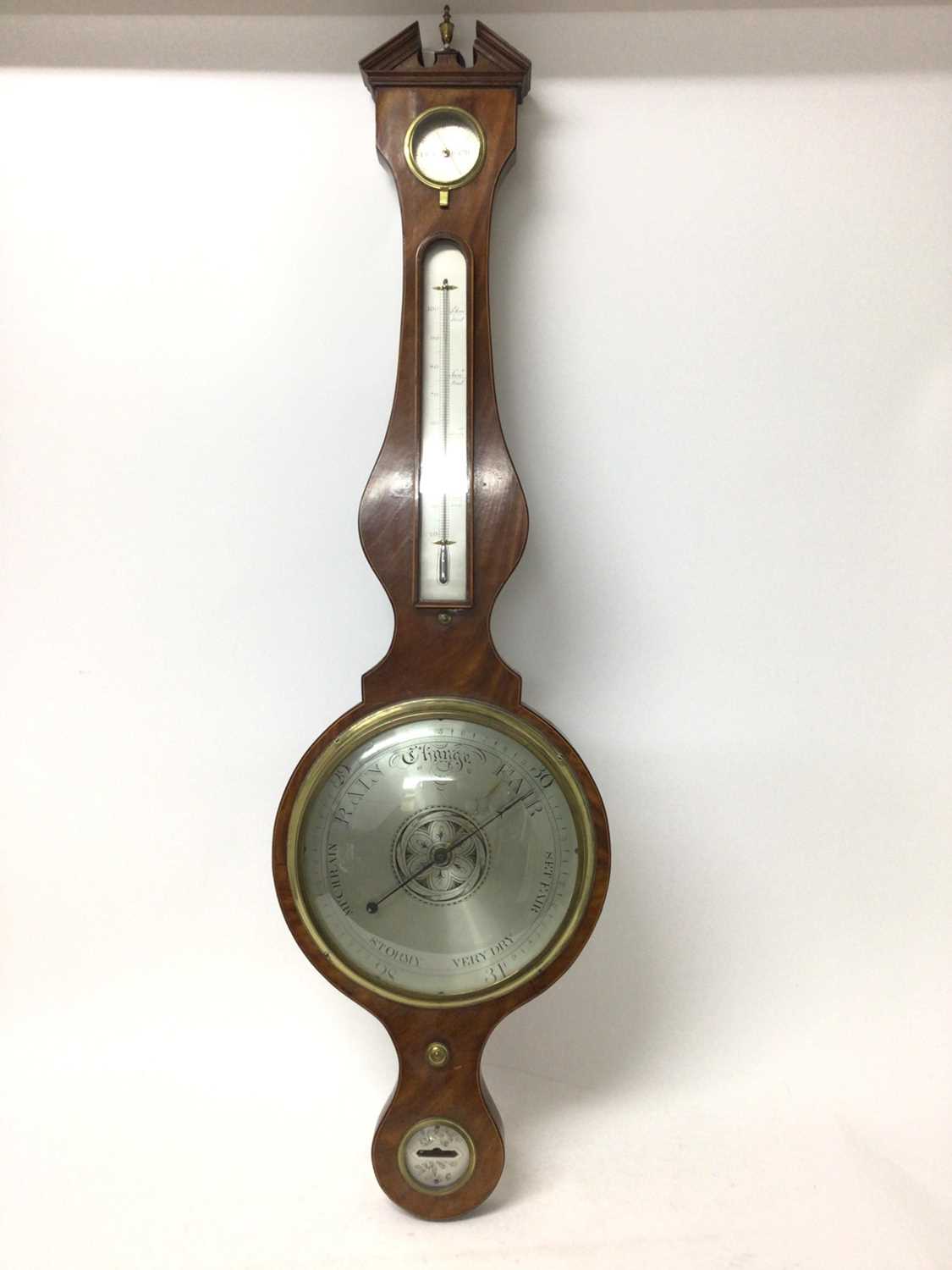 Lot 238 - 19th century banjo-shaped barometer thermometer with silvered dials in mahogany case 108 cm high