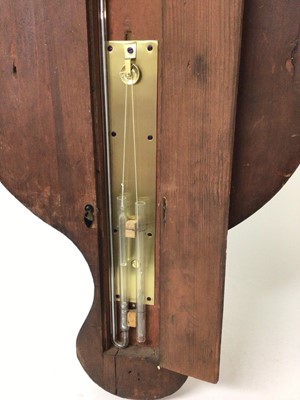Lot 238 - 19th century banjo-shaped barometer thermometer with silvered dials in mahogany case 108 cm high