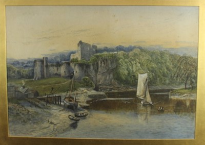 Lot 1126 - John Syer (1846-1913) pair of watercolours - Chepstow Castle, and a view of riverside abbey ruins, both signed and dated 1884, 54cm x 77cm, in glazed frames