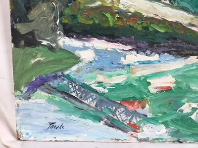 Lot 91 - *John Hanbury Pawle (1915-2010) oil on board- ‘The Bridge Over The Lot’, Garonne, signed titled verso and dated ‘93