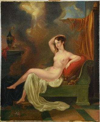 Lot 1125 - Mid 19th century, English School, oil on canvas - reclining female nude in classical surroundings, 73cm x 60cm, unframed