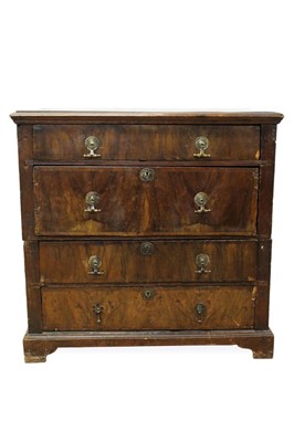 Lot 1489 - William and Mary walnut and oak chest, in two parts, with four drawers, each with original brass fittings on bracket feet 94cm wide x 54cm deep x 91cm high