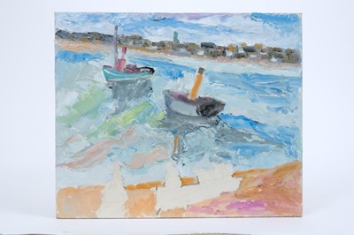 Lot 983 - *John Hanbury Pawle (1915-2010) oil on board- Boats on the river, with an abstract nautical scene verso