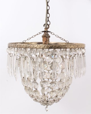 Lot 1492 - Antique basket chandelier, with four graduated tiers of prismatic drops, approximately 34cm high, together with two similar basket chandeliers