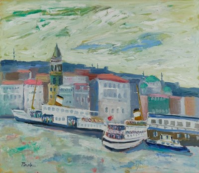 Lot 213 - *John Hanbury Pawle (1915-2010) oil on board- The Galata Tower, signed and dated 92, 66cm x 76cm