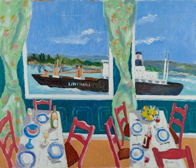 Lot 1003 - *John Hanbury Pawle (1915-2010) oil on board- Seine Series 3. From the Restuarant at Bouille, signed, 61cm x 71cm