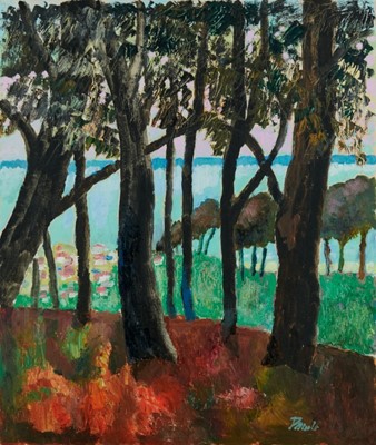 Lot 1004 - *John Hanbury Pawle (1915-2010) oil on board- Woodland scene overlooking the beach, signed, 61cm x 51cm