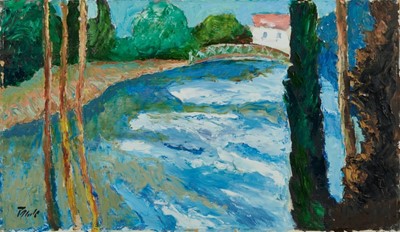 Lot 1008 - *John Hanbury Pawle (1915-2010) oil on board- River Aa, Picardie, signed, 36cm x 61.5cm  
Exhibited- Portland Gallery, London, November 2000