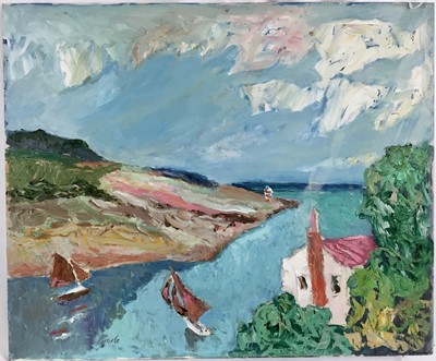 Lot 76 - *John Hanbury Pawle (1915-2010) oil on board- ‘St Mawes’, with sunset seascape verso, both sides signed, 51cm x 61cm
