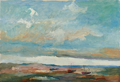 Lot 1192 - *John Hanbury Pawle (1915-2010) oil on board- Moored boats beneath an extensive sky, unsigned, 46cm x 66cm