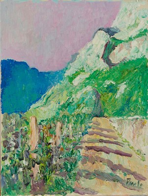 Lot 1199 - *John Hanbury Pawle (1915-2010) oil on board- Green mountain track, with houses amongst the hills verso, both sides signed, 51cm x 38cm