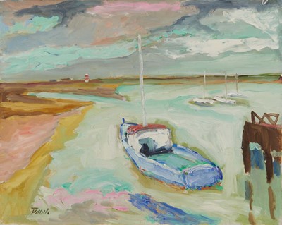 Lot 1197 - *John Hanbury Pawle (1915-2010) oil on board- Moored boat in harbour, with a gentleman and two women verso, both sides signed, 41cm x 51cm