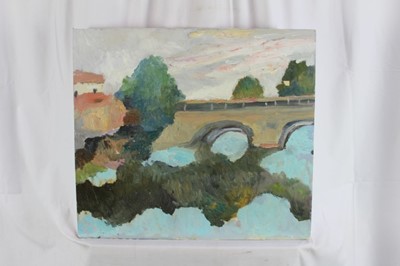 Lot 93 - *John Hanbury Pawle (1915-2010) oil on board- Viaduct river scene, 52cm x 58.5cm, unframed